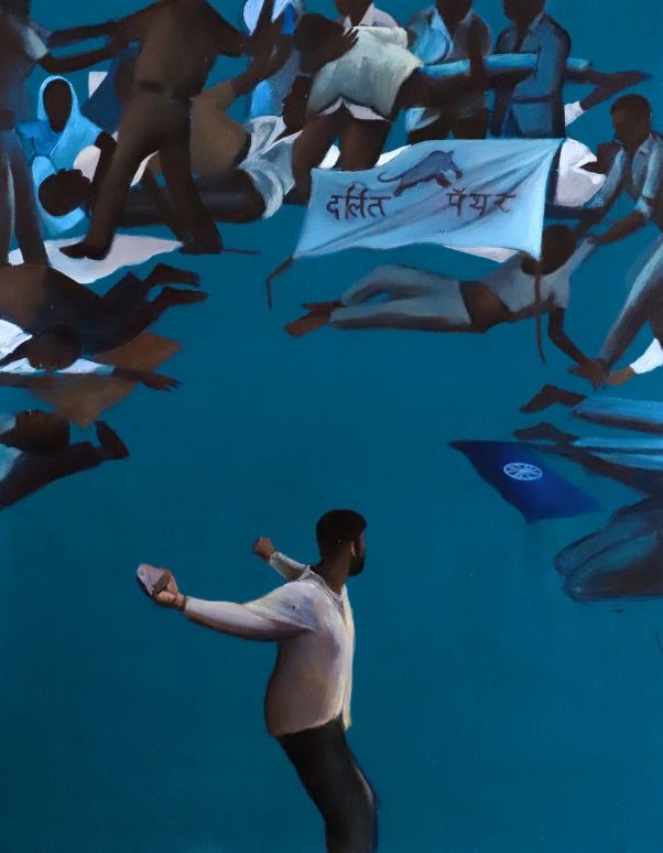 Vikrant Bhise, Worli Riots, Dalit Panther, 2022, acrylic on canvas, 41 × 51 cm. Courtesy the artist